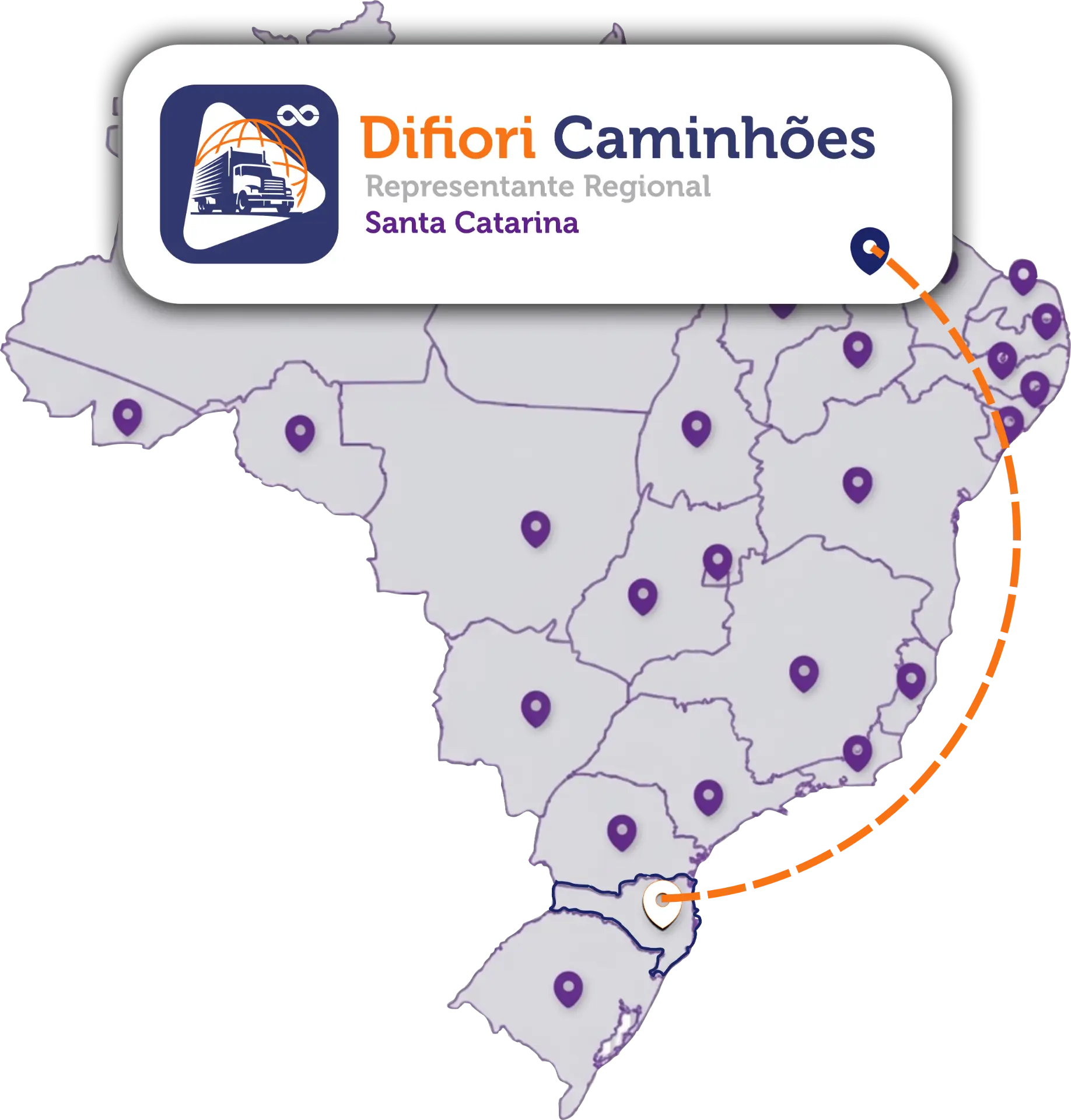 Mapa do Brasil com cobertura nacional e representação Difiori Caminhões em Santa Catarina